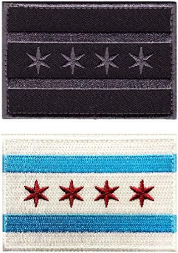 Patch bordado com bandeira da cidade de Chicago [pacote 2pc - 3,0 x 2,0 polegadas - fixador de gancho -CH01 -CH9]