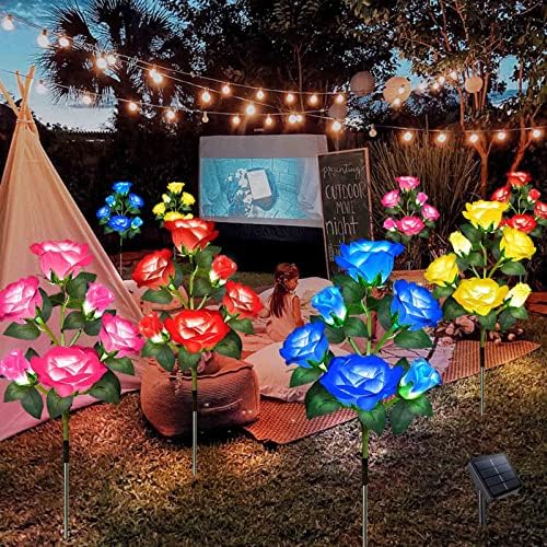[Atualizado 6 Flores] Luzes de flores solares de 4 pacotes para decoração de jardim, luz realista de flores de rosa realista