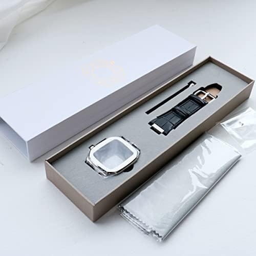 Banda de caixa de caixa inoxidável de cinto de couro compatível com banda de relógio Apple 44mm, cinta de couro para iwatch
