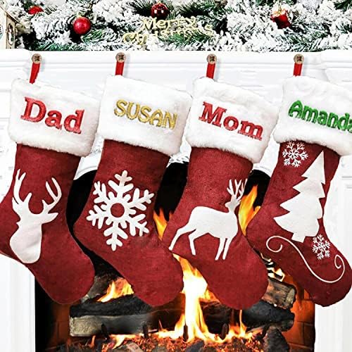 Mãe personalizada meias de Natal Mom personalizado mamãe bordada nomes lã de lã e linho Burlap vermelho lareira rústica da