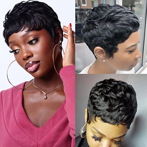 Hanhua Hair Pixie Cut Wigs para mulheres negras Cabelo humano Sem figuras de cabelo humano curto com franja para uso diário Wig barato