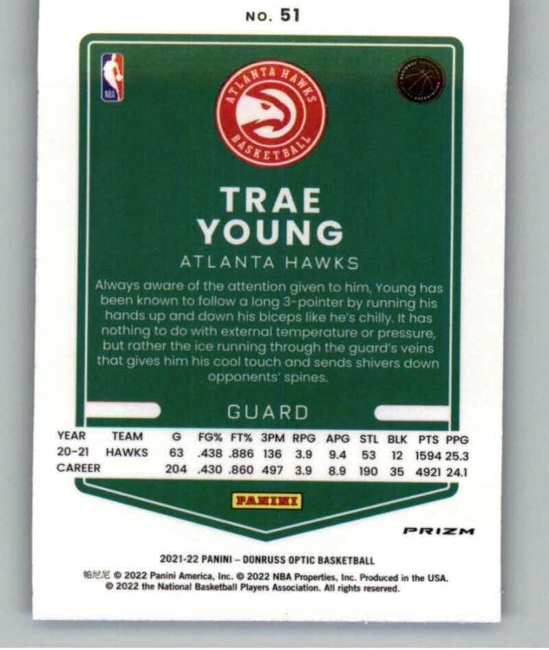 2021-22 Donruss Optic Blue Velocity 51 Trae Young Atlanta Hawks NBA Basketball Trading Card