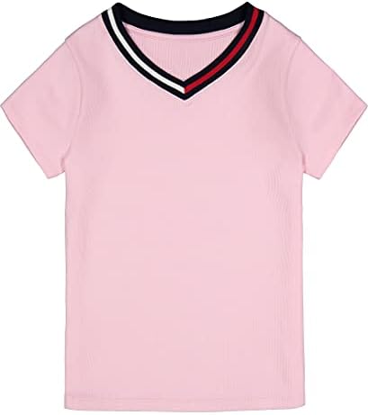 Tommy Hilfiger Girls Manga curta Camiseta de decote em V Solid Color, logotipo bordado e design sem tags, Ultra-Soft