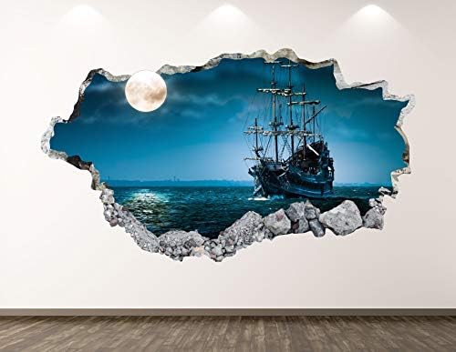 West Mountain Pirate Ship Wall Decalt Art Decor 3D Smashed Ocean Moon Sticker Mural Kids Room Presente Personalizado BL112