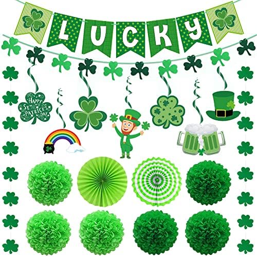 Decorações do dia de St Patricks, decoração do dia de St Patricks, com 1 banner de sorte, 1 Garland Shamrock, 14 cordas de redemoinho,