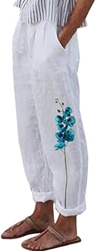 Calças de linho casual feminino Bolsos de impressão gráfica de tamanho grande calça de praia Colo