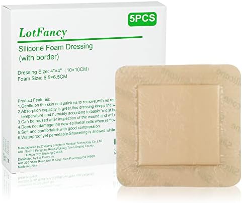 LOTFANCY Silicone Gmoping, 4 x 4, 5 contagem, molho adesivo com fronteira, feridas de cama, úlceras de perna feridas curta,