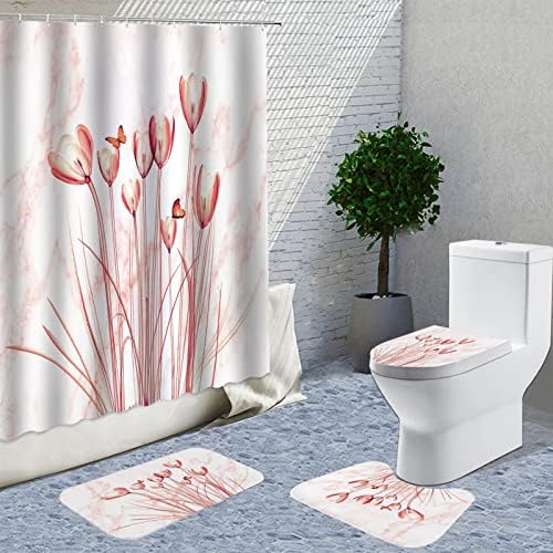 Kryfa Tulip Banheiro conjuntos com cortina de chuveiro e tapetes, cortina de chuveiro de flores Conjunto para o Dia das Mães Dia