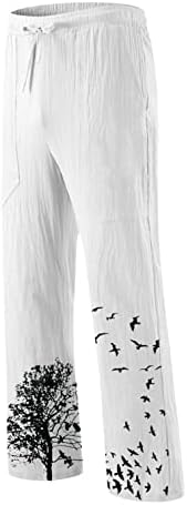 Realdo Men Tree Casual & Bird Print Comprimento completo calça de algodão Casa de linho de algodão Pocketre Wide Leg