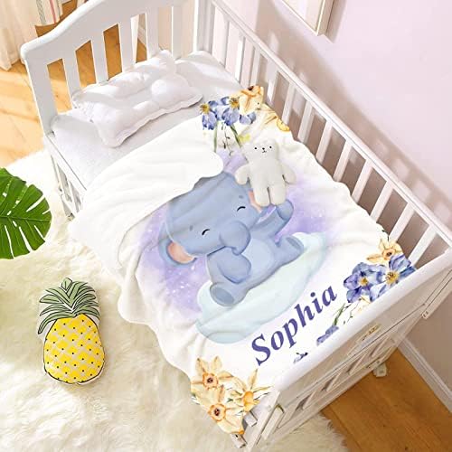 Cobertor de bebê personalizado com nome Cobertor de flor de elefante de elefante personalizado para meninas, presente de menino, Ultra