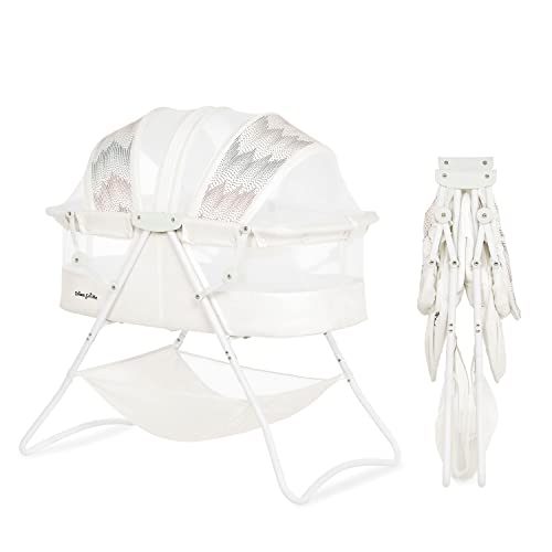 Sonhe em mim karley bassinet em bassinete de bebê portátil branco e branco, dobra rápida e fácil de transportar, dossel