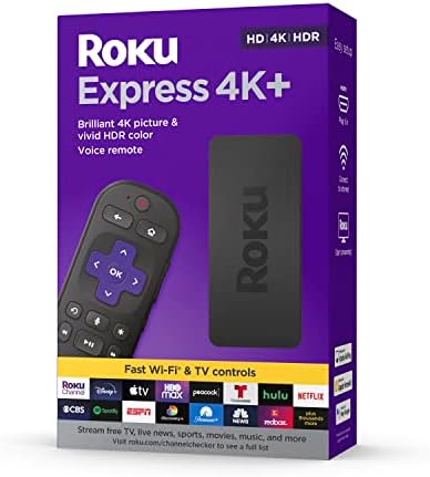 Roku Express 4K+ | Player de streaming HD/4K/HDR com Roku Voice Remote com controles de TV, inclui cabo HDMI premium