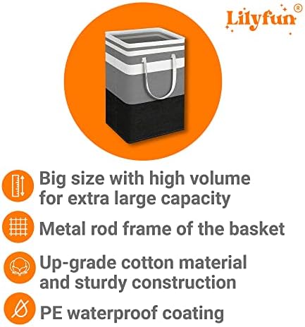 Lilyfun, cesta de lavanderia/cesto com duas alças longas reforçadas. Moldura de barra de metal, material de algodão