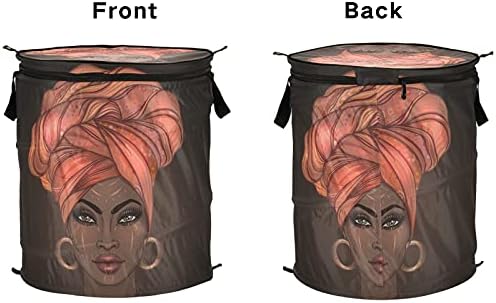Mulheres afro -americanas Pop up up lavanderia cesto com tampa dobrável cesto de armazenamento saco de lavanderia dobrável para