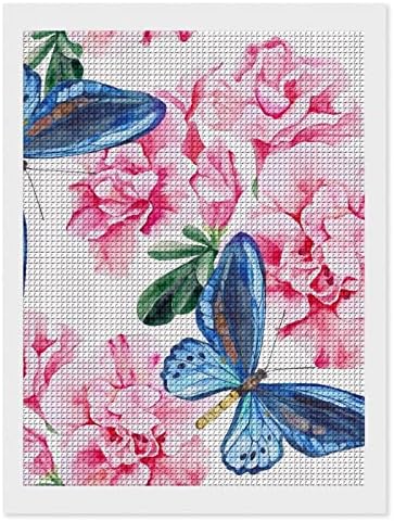 Azalea rosa e borboletas azuis kits de pintura de diamante decorativos