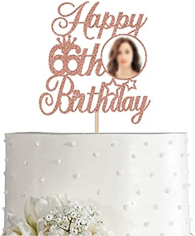 Rose Gold 66 Photo Birthday Cake Topper, Glitter Women Happy 66th Birthday Decoration With Photo Frame, Party Photo adereços