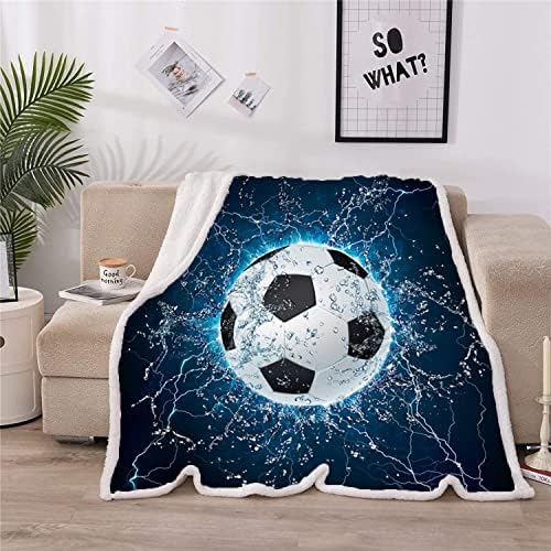 Cobertor de futebol zzkslife Bola de futebol com estampa 3D de estampa 3D no fundo azul de água azul macio macio sherpa