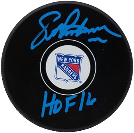 Eric Lindros assinou o logotipo do New York Rangers Hockey Puck Hof 16 inscrito JSA - Pucks autografados da NHL