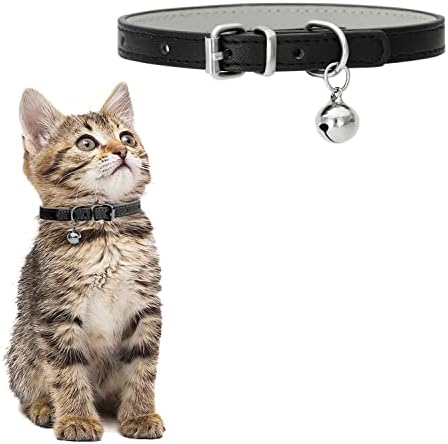 Riyanon Cat Collar com Bell Black Leather, Bell for Cat Collar, Gatos Colar de Segurança com cinta elástica, colar de gatinho