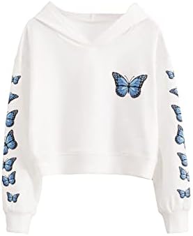 OyoAngelange da menina impressão de borboleta de manga longa Drop Pullover de ombro moletom Capuz de capuz Top camiseta