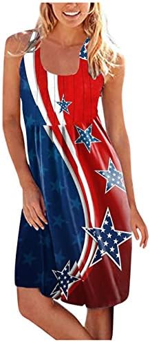 4 de julho Vestido de verão para mulheres Casual Boho Dress USA Flag Flag Scoop Neck Flowy Mini Beach Sundress