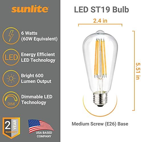 Sunlite 80890 -Su LED ST19 Estilo de filamento Edison Lâmpada 6 watts, 600 lúmens, base média, diminuído, ul listado, 1 pacote