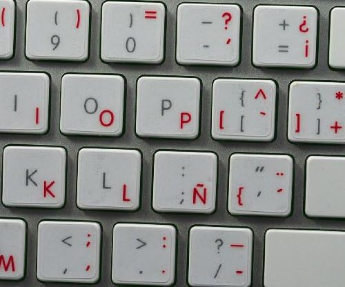 Layout de etiquetas espanholas para um fundo transparente de letras vermelhas para teclado para desktop, laptop e notebook
