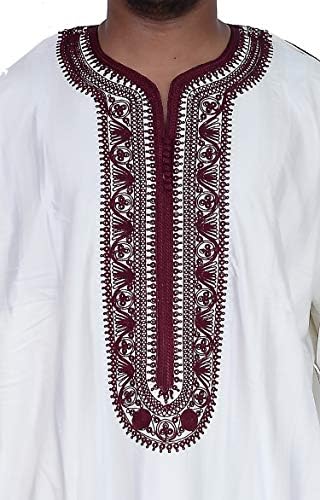 Homens marroquinos Kaftan Made Thobe Long Vester White com delicado bordado da Borgonha