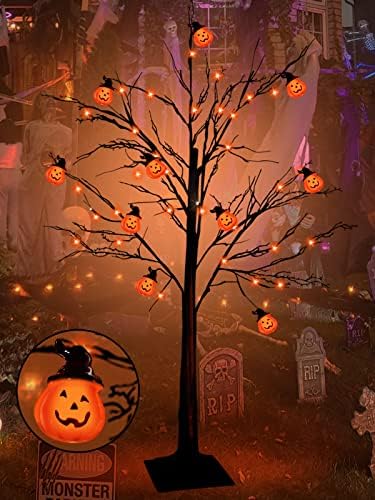 4 pés prelit preto halloween decoração com timer 10 abóboras jack-o-lantern e 48 laranja led Halloween artificial árvore