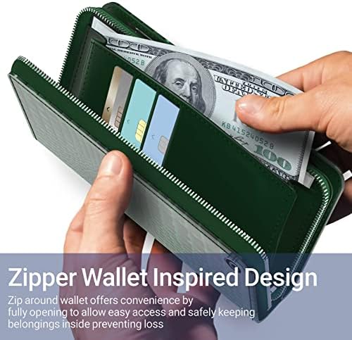 Just4You iPhone 12 Mini Zipper Wallet Case com suporte de cartão Strap Protetive Leather Flip Folio Cover Case para mulheres