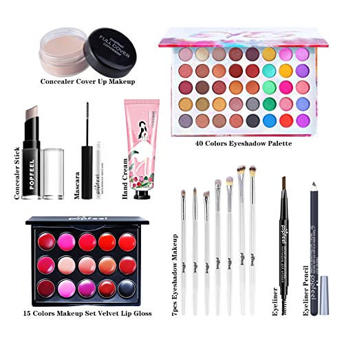 Conjunto de presentes de kit de maquiagem de 15pcs - tudo em um kit de cosméticos com sombras, cores de lábios, escovas, lápis