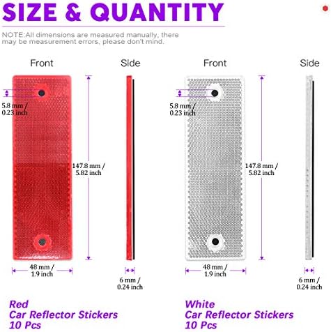 SWPEET 20pcs Red universal + plástico branco adesivo de refletor de carros retangulares de plástico, refletores de portas