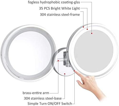 Touch espelho de maquiagem escurecido com luzes e ampliação de 10x, espelho de vaidade do banheiro montado na parede LED,