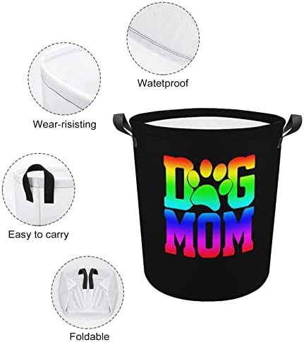 Cachorro mamãe arco -íris Pawprint Laundry Tester Round Canvas Fabric Cestas com alças Bolsa de roupas de lavagem