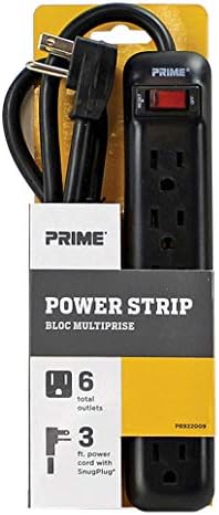 Prime Wire & Cable PB922009 Tira elétrica de 6 outlet com plugue de ângulo reto e cordão de 3 pés SJT, preto, preto