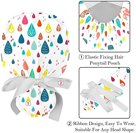 Capas médicas para mulheres com botões de cabelo comprido, tampa de trabalho ajustável de 2 peças, padrão de chuva multicolorido