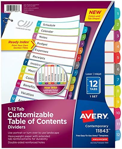 Avery 12 Tab Divishers para 3 ligantes de anel, índice personalizável, guias multicoloridas, 1 conjunto, 24 pacotes