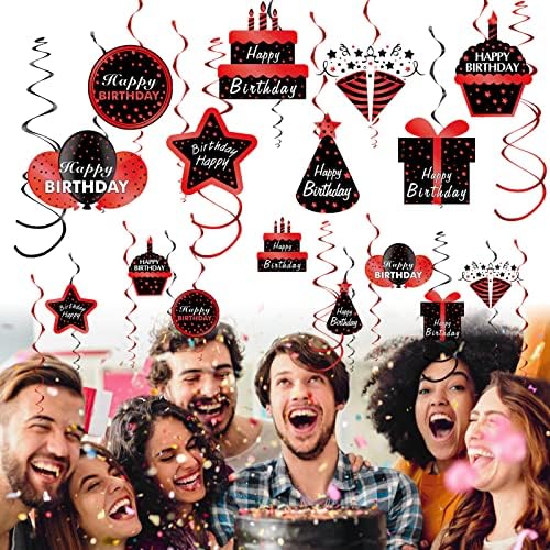 Decorações de feliz aniversário vermelhas e pretas pendurando suprimentos para festas, 30pcs vermelho preto feliz aniversário