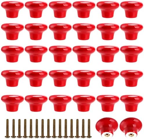Sinjeun 32 Pacote de armário de cerâmica vermelha botões, botões de armário de cerâmica redondos com parafusos de parafusos de