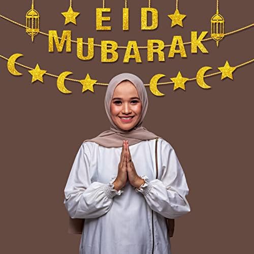 6 PCs Eid Mubarak Ramadan Decoração Mubarak Eid Boxes e Eid Mubarak Banner com Gold Moon Star Eid pendurado no Ramadã