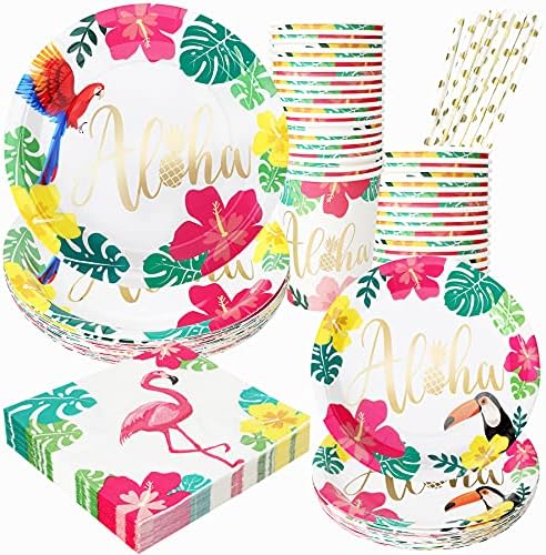 Placas havaianas e guardanapos, 24 Pack Placas de papel Tropical Luau com guardanapos de flamingo, pratos de sobremesa, xícaras