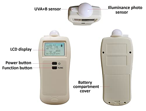 Iluminância combinada portátil e UVA UVA e UVB Medidor de luz, 0-600.000 LuxMeter, unidades Lux e FC, Medidor de índice UV 0-130,