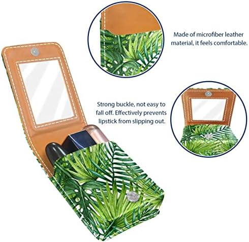 Mini estojo de batom com espelho para bolsa, folhas de palmeiras tropicais organização portátil de caixa