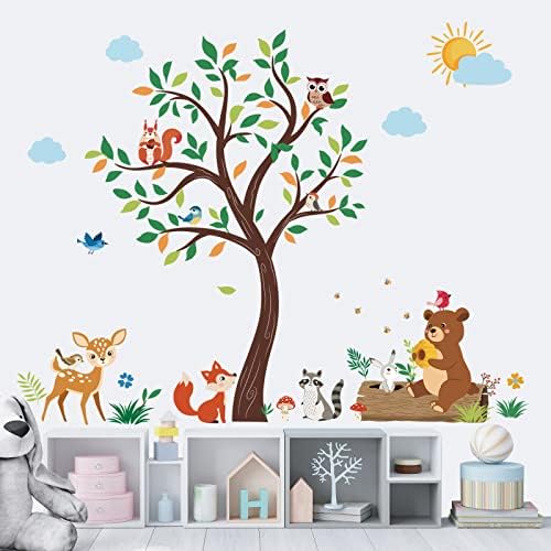 Maravorias animais da floresta Os adesivos de parede da árvore têm casca de veado e decalques de arte da parede para berçário para bebês
