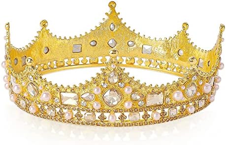 Metal King Crowns for Men, Tiara barroca vintage de strassões de pérolas, coroas de festa de aniversário de volta para casa