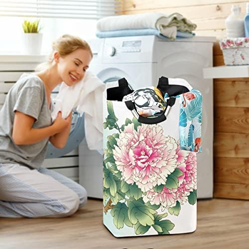 Bolsa de lavanderia Mnsruu com alças, pintura de tinta de peônia chinesa dobrável cesto de lavanderia dobrável para decoração de lavanderia