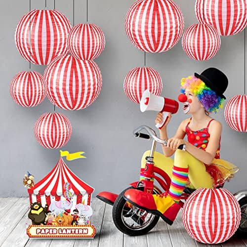 12 PCs Decorações de circo de carnaval de carnaval listras vermelhas e brancas papel lanternas de papel chinês