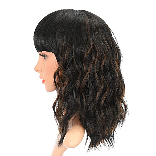 Peruca ondulada marrom curta com franja, destaques realistas de curta peruca curta bob wigs divertidos ombros de comprimento médio