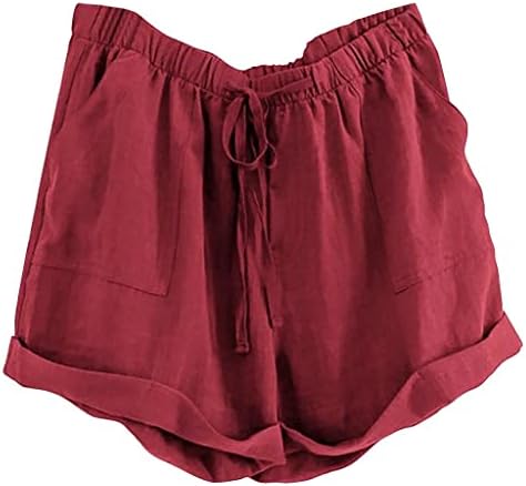 Shorts de linho de algodão para mulheres elásticas de cintura alta shorts de moto de cor sólidos shorts de praia de férias de