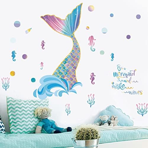 Buialy Removable Rail de sereia colorida e letras Seja uma sereia e faça ondas adesivas de parede de parede de estilo oceano